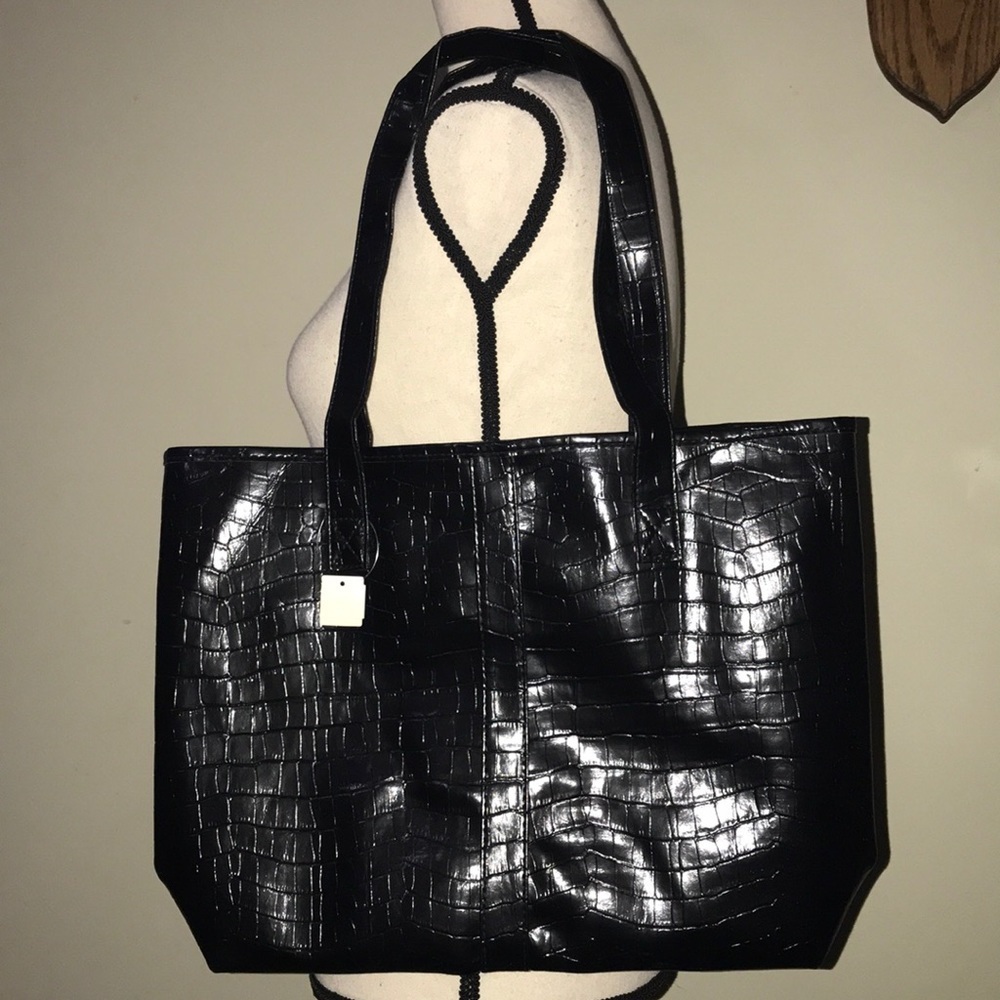 crocodile scale like print shoulder tote purse black medium large size - Picture 3 of 6